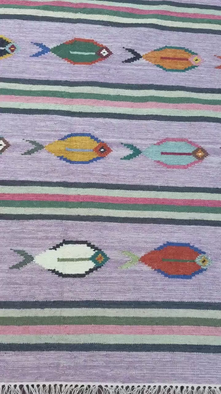 Modern Anatolian Kilim 6x9, Flatweave Wool Fish Design, Handmade Geometric Boho Area Rug