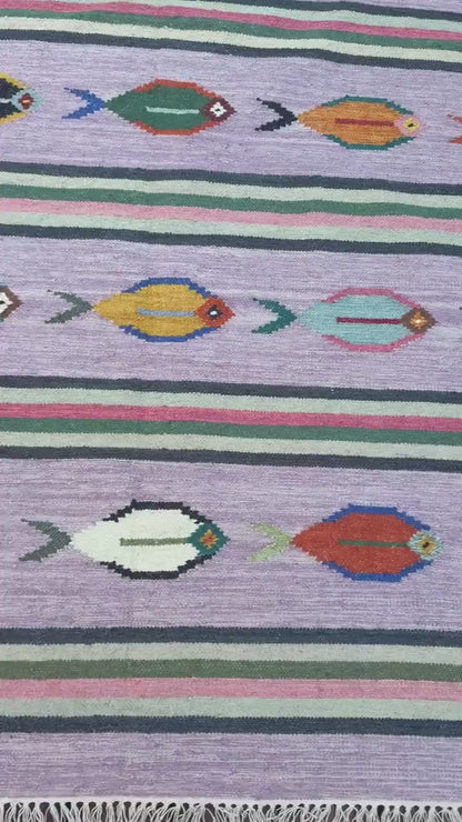 Modern Anatolian Kilim 6x9, Flatweave Wool Fish Design, Handmade Geometric Boho Area Rug