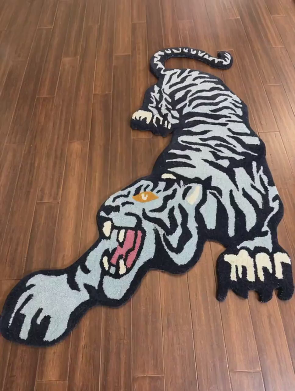 3 x5 ft Handmade Wool Crouching Tiger Rug: Boho Safari Nursery Decor