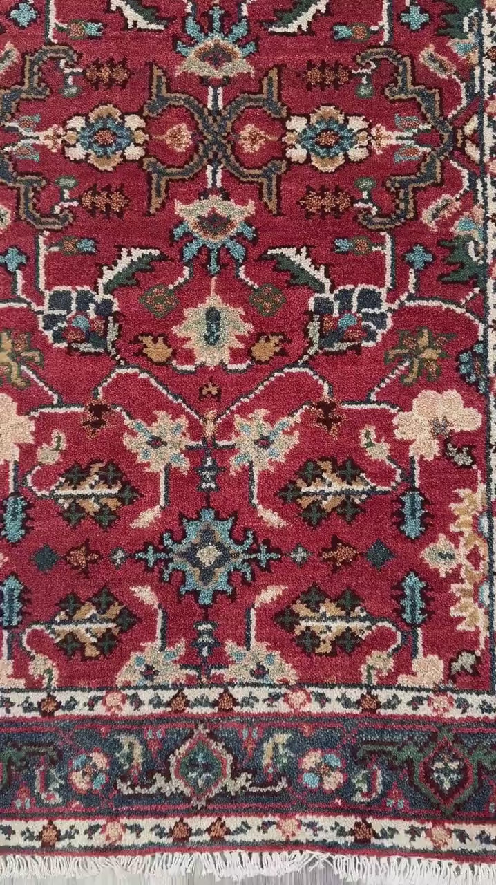 3x5 ft. Hand Knotted Wool Heriz Rug: Modern Geometric Area Carpet