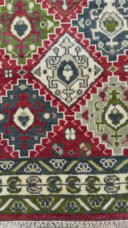 4x6 ft. Oushak Geometrical Rug: Village Made Wool Carpet Hand Knotted Bohemian Style