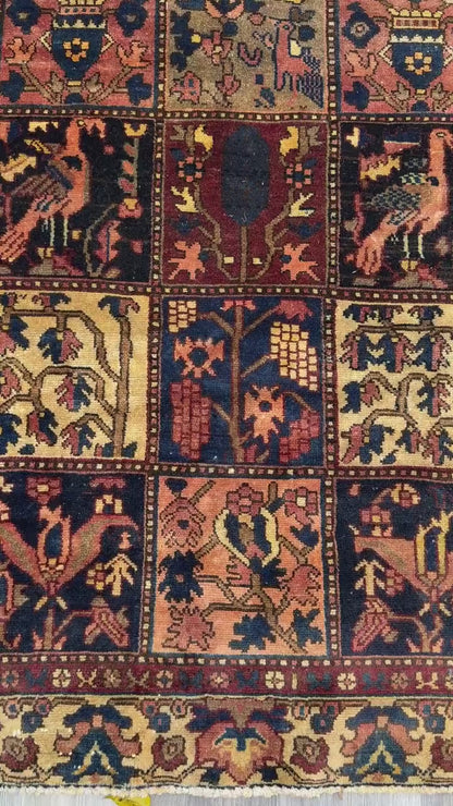 5x9 ft 1940s Bakhtiari Hand-Knotted Wool Rug Vintage Anatolian Geometric Carpet
