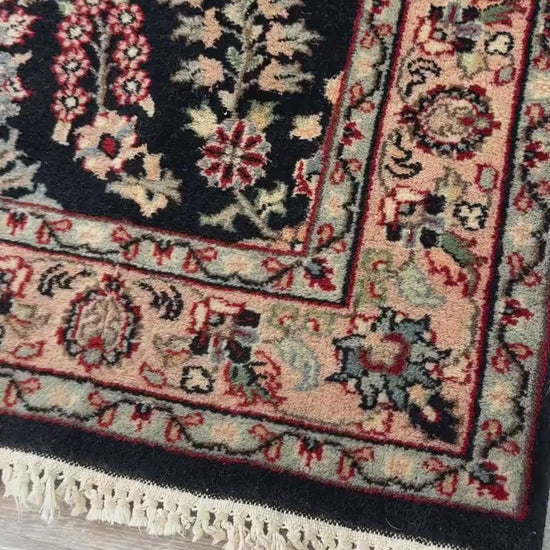 5x3 ft Vintage Agra Rug: Hand Knotted Wool Carpet with Black Tabriz Floral Design