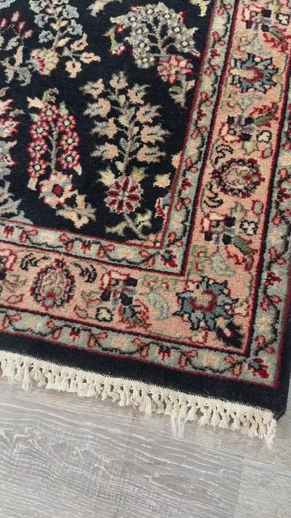 5x3 ft Vintage Agra Rug: Hand Knotted Wool Carpet with Black Tabriz Floral Design